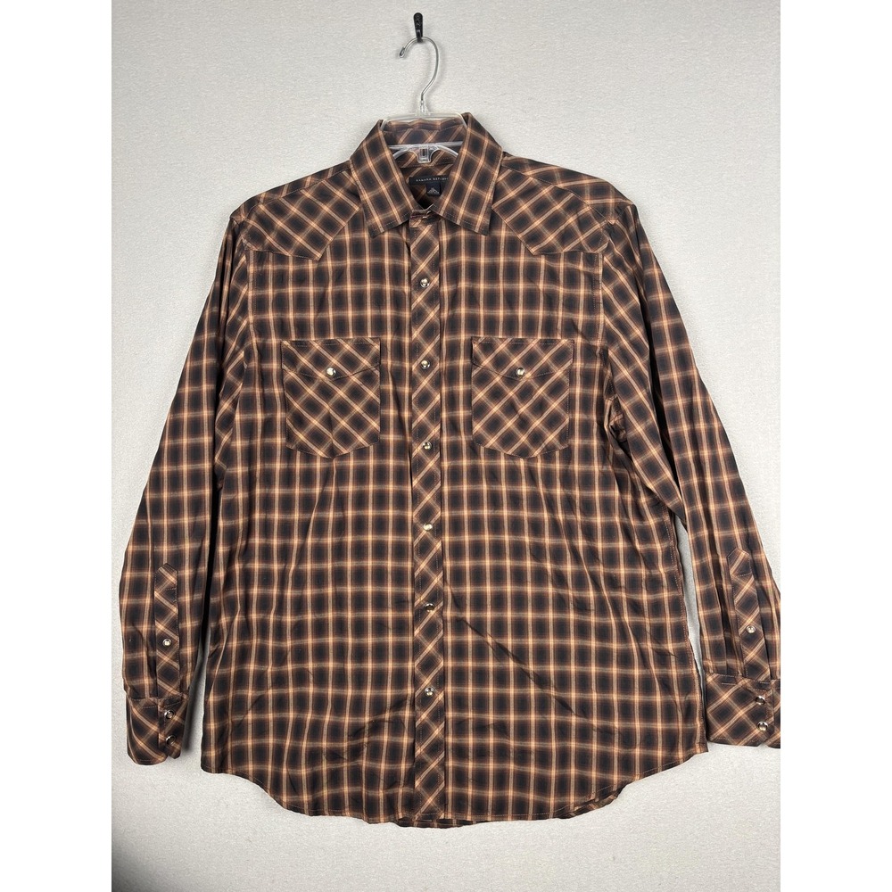 Banana Republic Shirt Mens XL Brown Plaid Western Pearl Snap Casual Long Sleeve